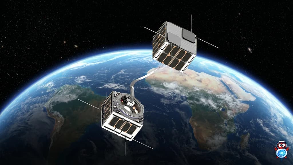 Artistic rendering of the E.T.PACK-F deorbit device with its electrodynamic tether deployed in low Earth orbit