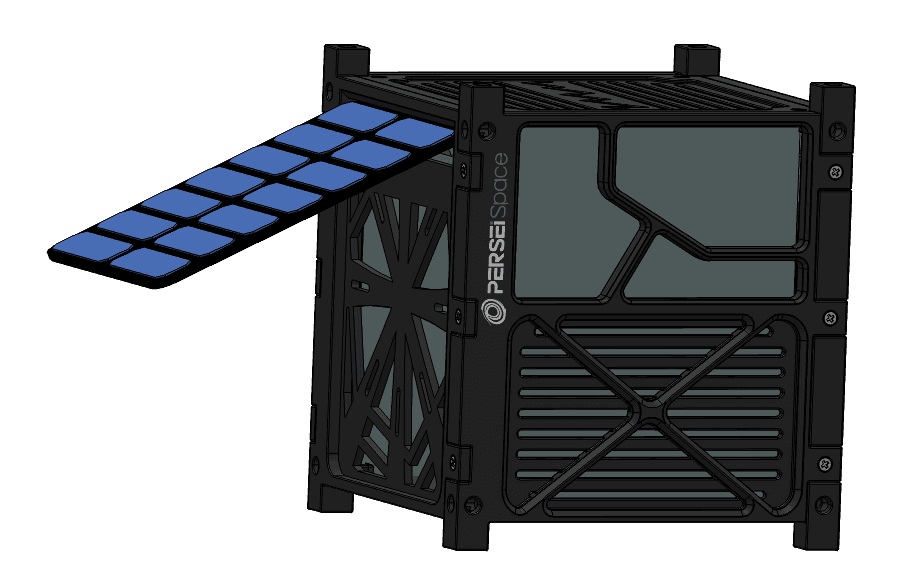 GMM 3U module CAD: deployed tether system with solar arrays, PERSEI Space design